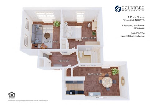 Floor plan for 1 bed, 1 bath, 754 sqft